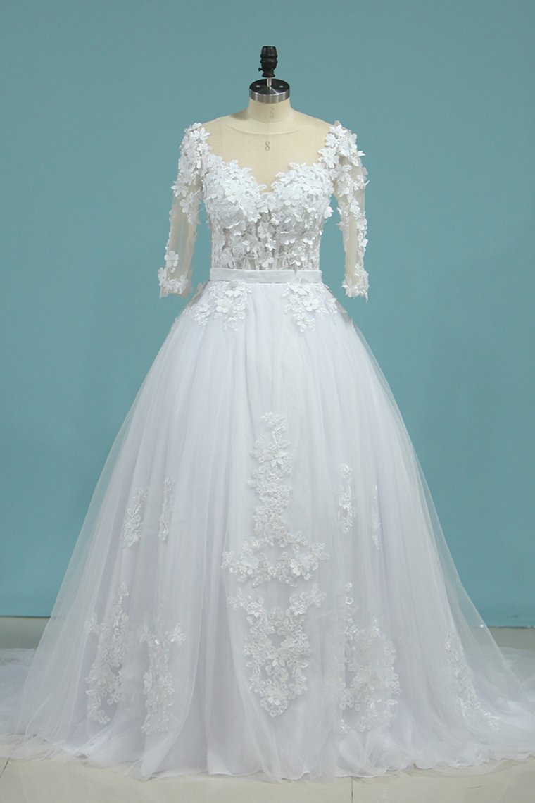 Wedding Dresses V Neck Mid-Length Sleeves Tulle With Applique
