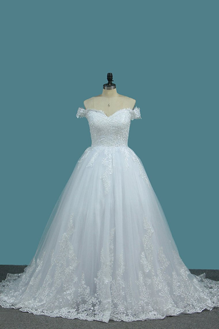 Off The Shoulder A Line Wedding Dresses Tulle With Applique Sweep Train