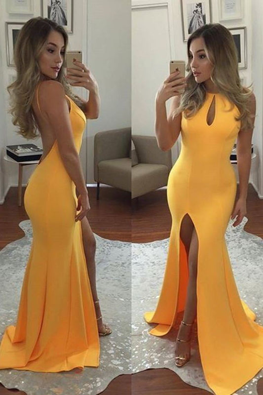 New Arrival Scoop Prom Dresses Sheath Satin With Slit Open Back