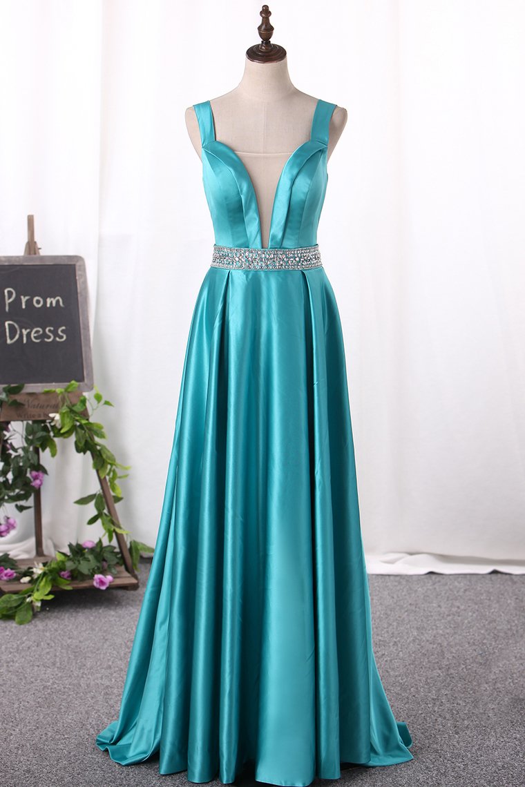 New Arrival A Line Prom Dresses Straps Satin With Beading