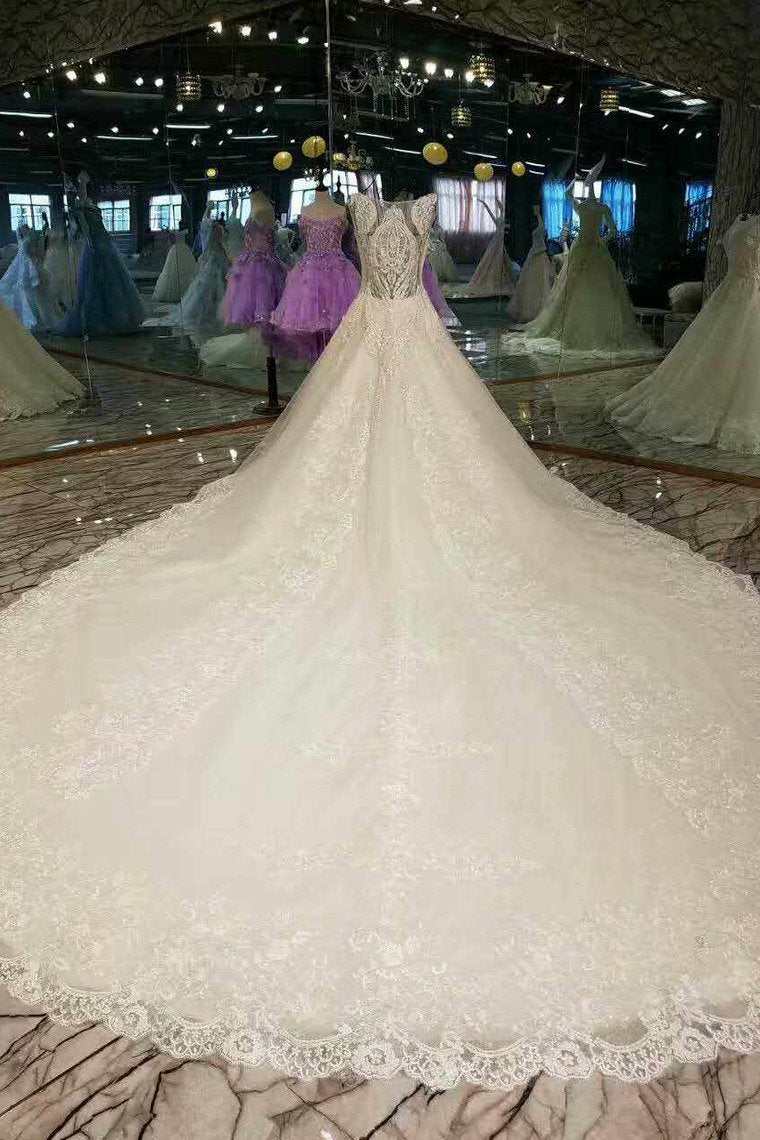 Fantastic New Arrival Scoop Neck A Line With Crystals Royal Train Wedding Dresses