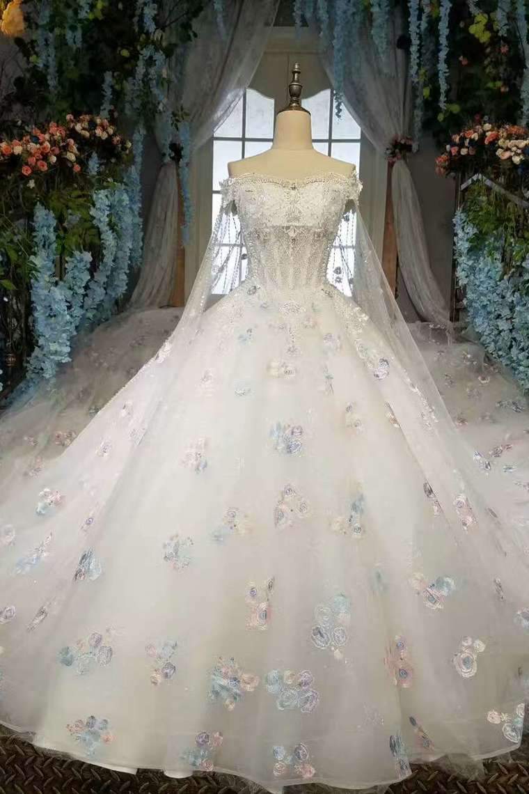 Floral Wedding Dresses A-Line Off The Shoulder A-Line Tulle Lace Up With Beads And Sequins