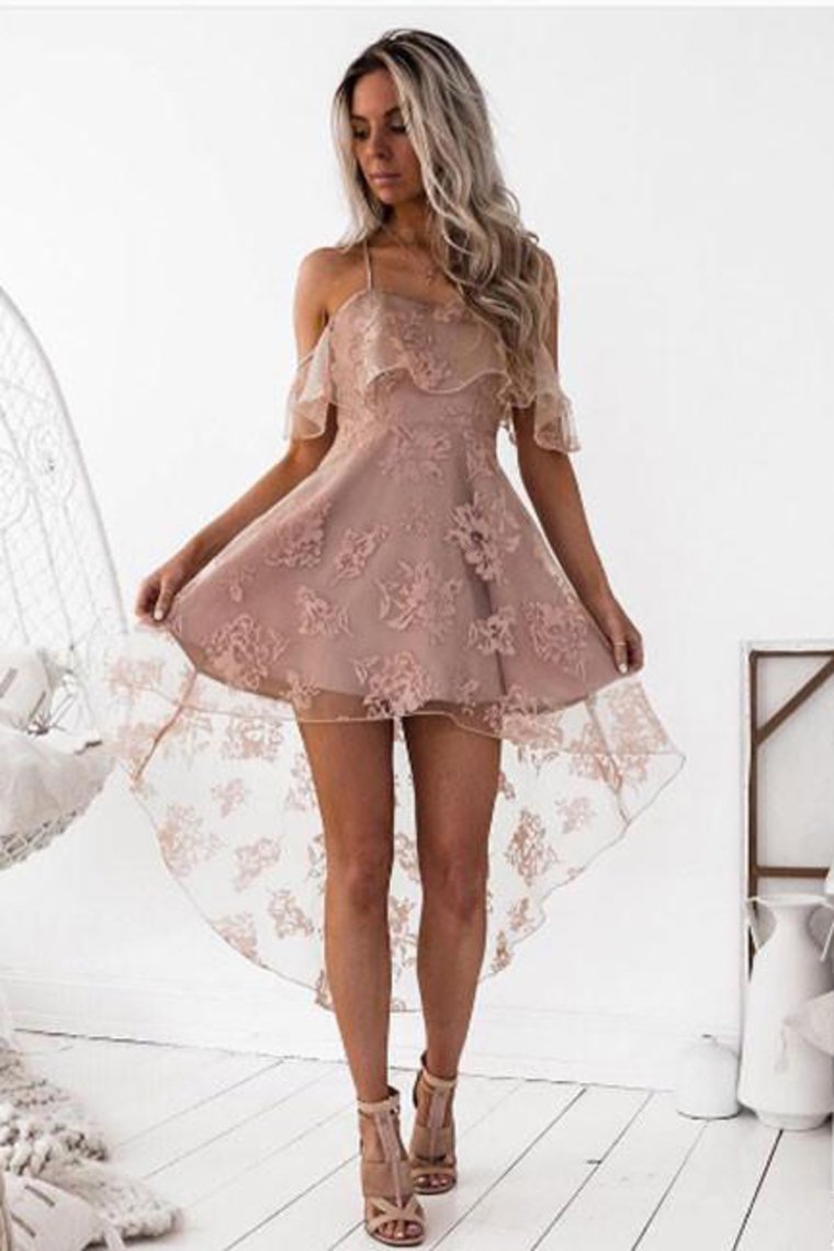 Homecoming Dresses A Line Spaghetti Straps Lace Asymmetrical