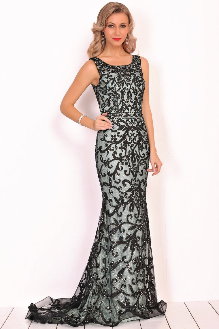 New Arrival Scoop Prom Dresses With Applique And Beads Tulle