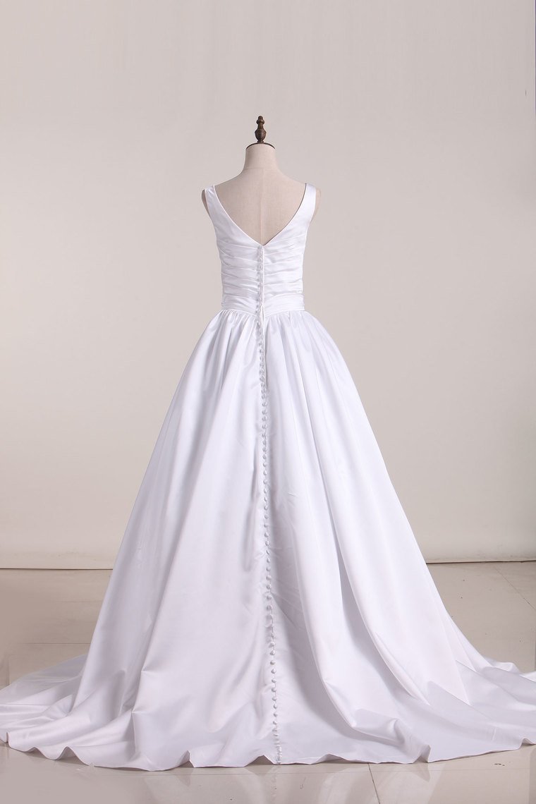 Square Neckline Princess Wedding Dress Pleated Bodice Court Train Satin
