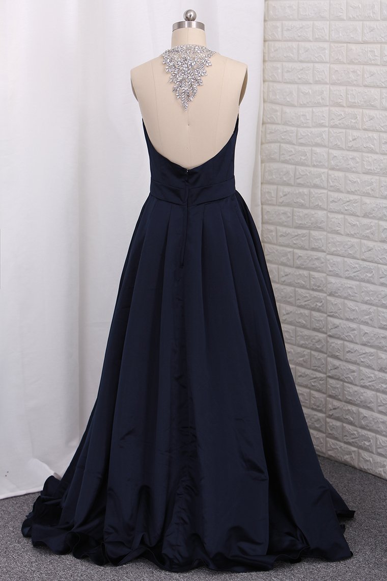 Scoop A Line Satin Prom Dresses With Beading Floor Length