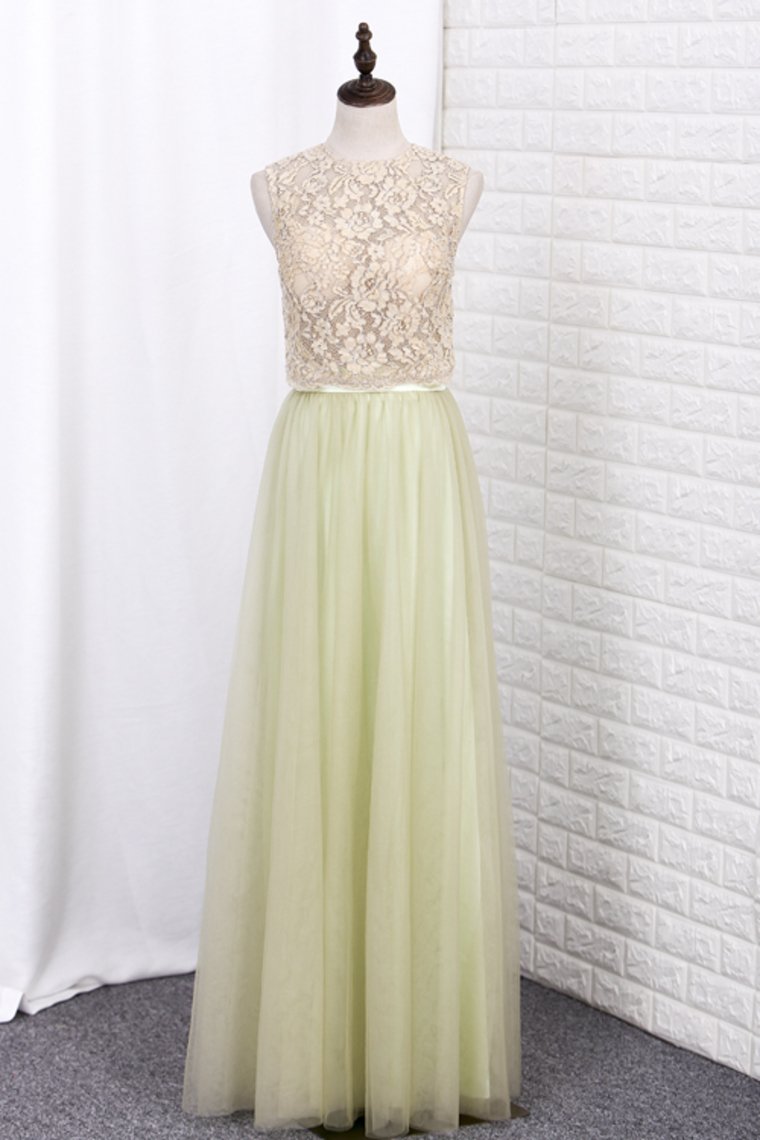 Floor Length Two Pieces Scoop Tulle & Lace A Line Bridesmaid Dresses