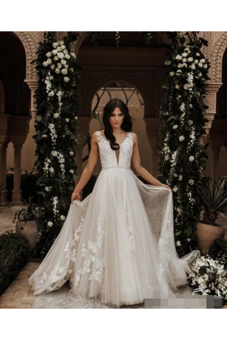 Sleeveless V-Neck & Rose Embroidery Full A-Line Wedding Dress