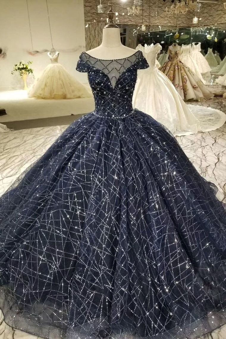 Prom Dress Ball Gown Bateau Cap Sleeves Dark Navy Lace Corset Back
