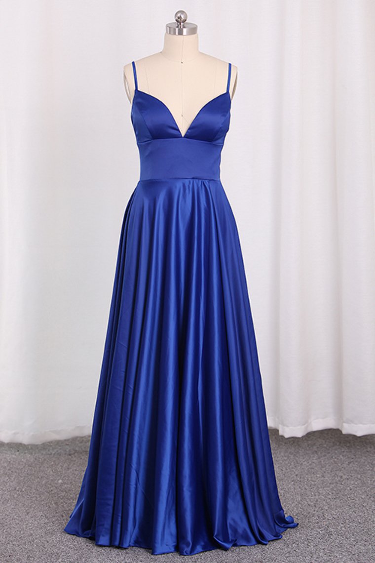 New Arrival Spaghetti Straps Satin A Line Evening Dresses With Slit