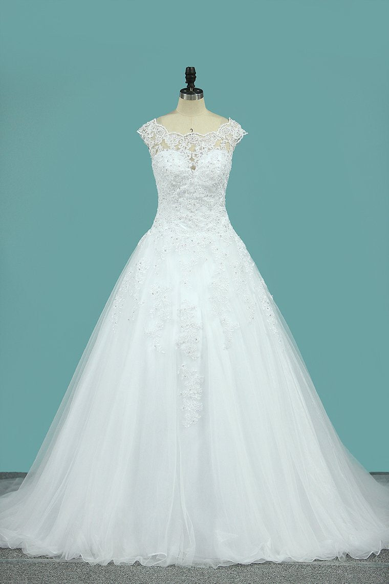 A Line Scoop Tulle With Applique Wedding Dresses Court Train