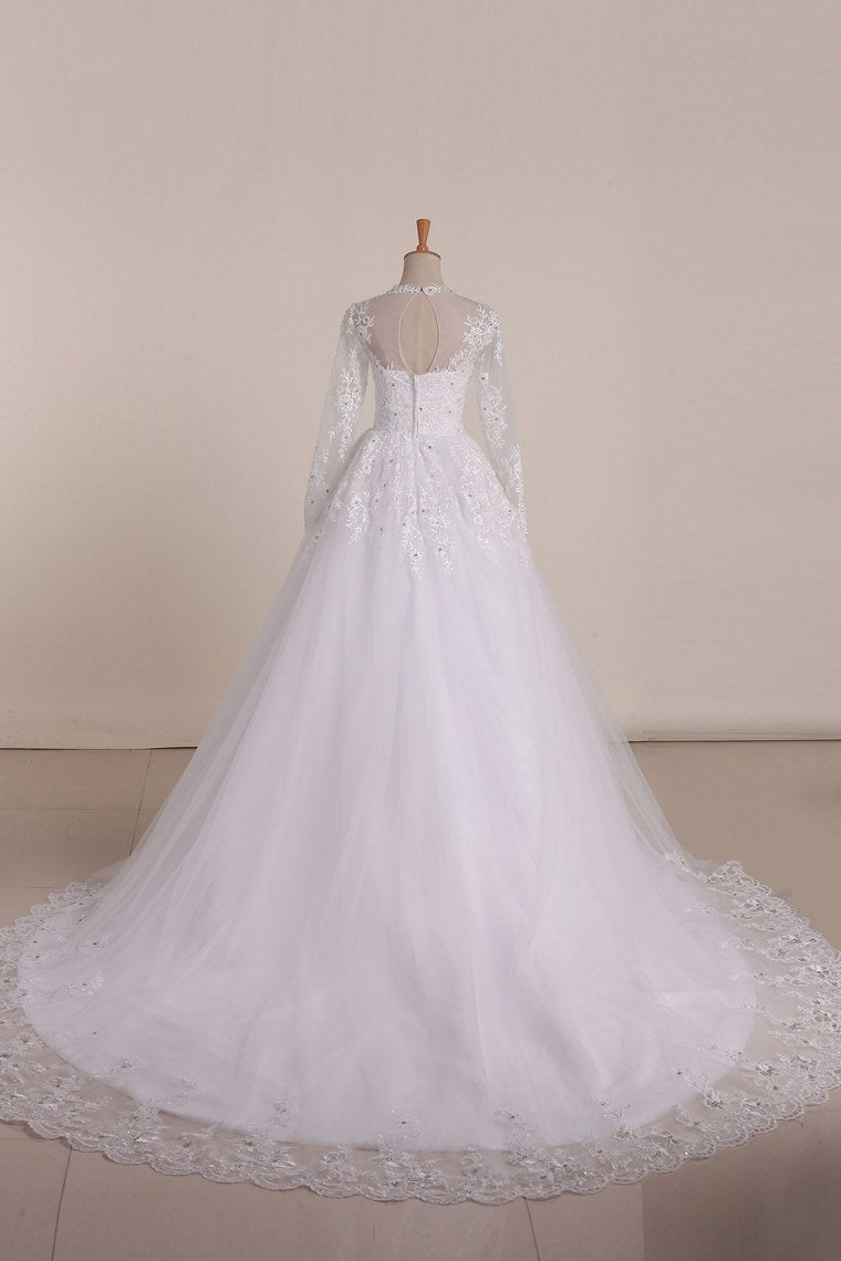 Long Sleeves Scoop Wedding Dresses A Line With Applique And Beads Tulle