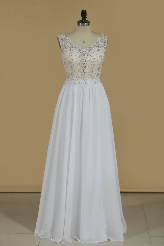 Chiffon & Lace Prom Dresses V Neck With Beading A Line Sweep Train