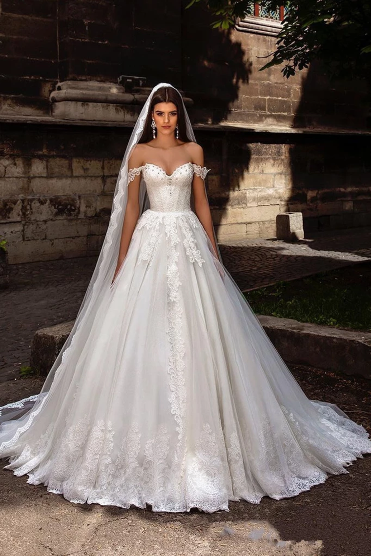 Gorgeous Off Shoulder Sweep Train Lace Up Back Tulle Wedding Dress With Appliques