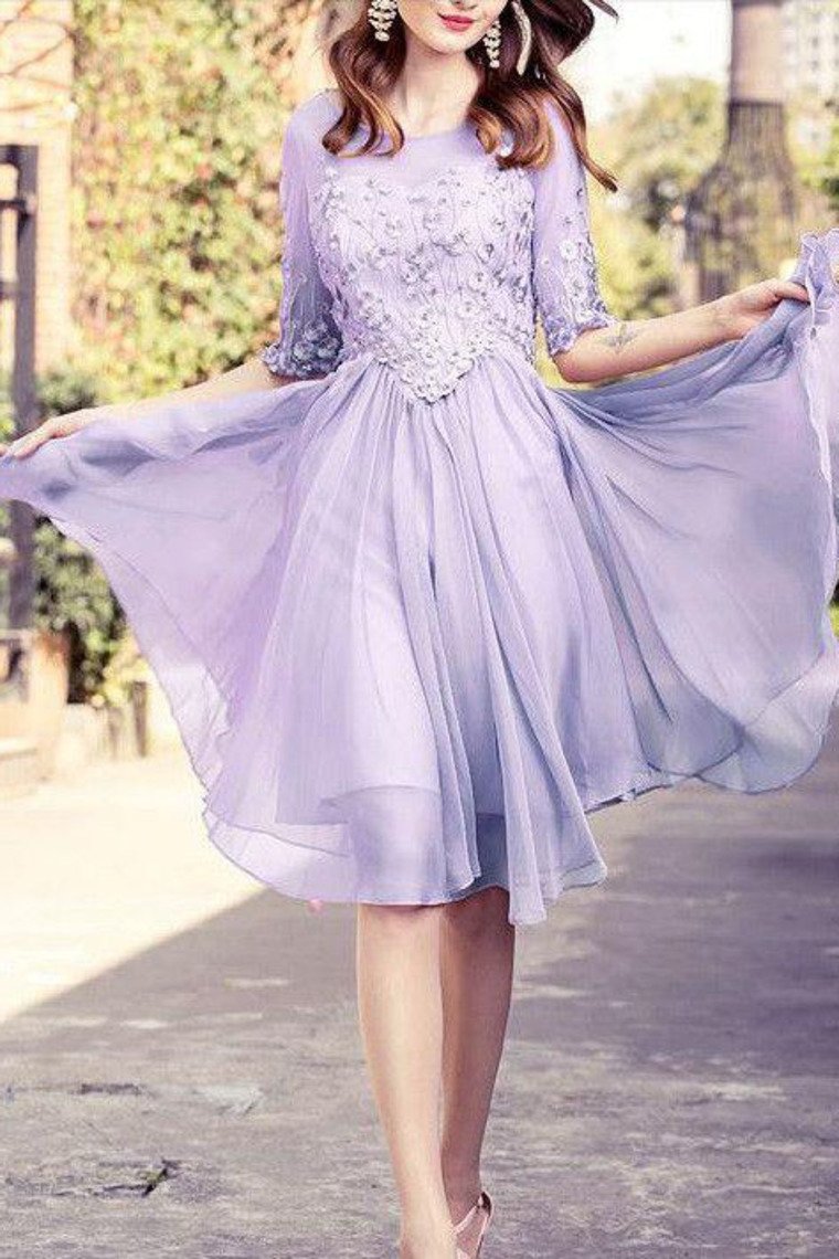 2024 A Line Scoop Mid-Length Sleeves Homecoming Dresses Chiffon Knee Length