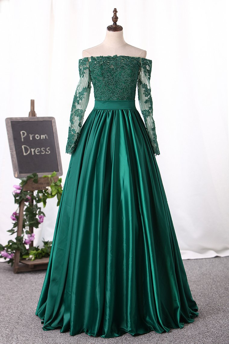 Off The Shoulder Long Sleeves Evening Dresses A-Line Stretchy Satin