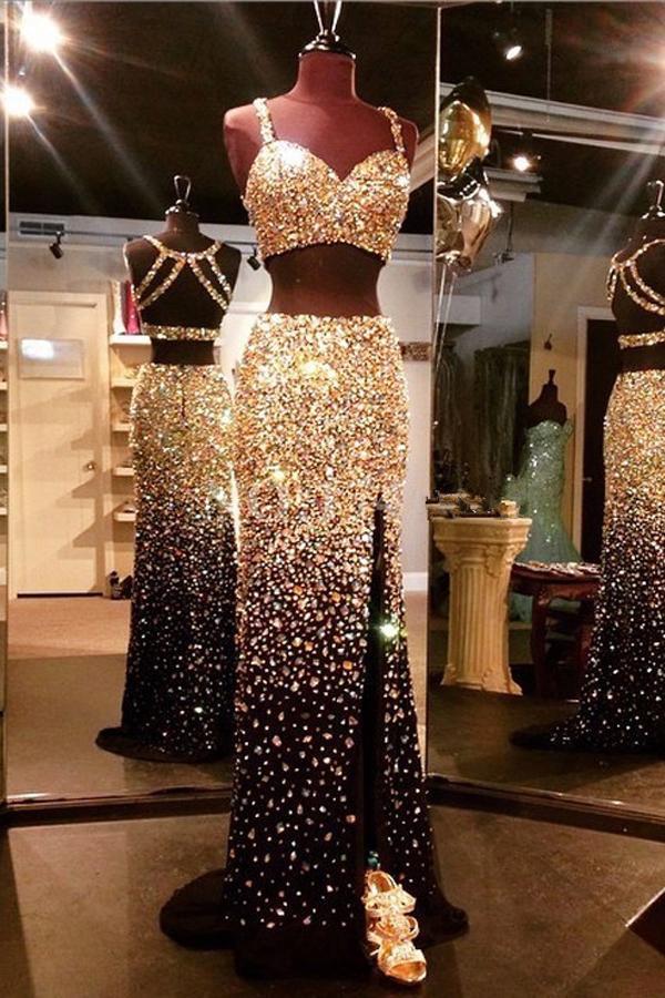 Sparkly Sweetheart Gold And Black Front Split 2 Pieces Beading Modest Prom Dresses WK314