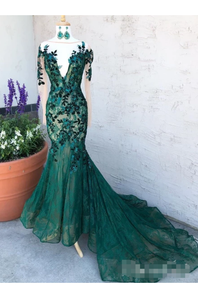 Dark Green See Through Prom Dresses With Sleeves Illusion Neck Party Dresses