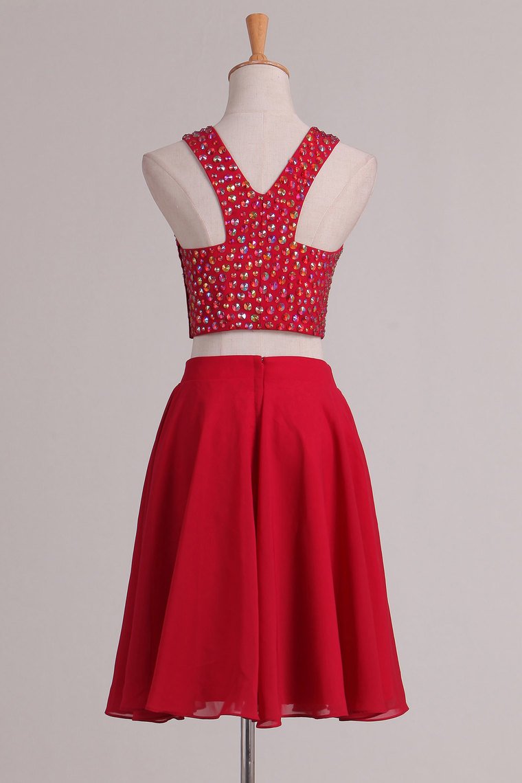 Two-Piece Scoop With Beading Chiffon A Line Homecoming Dresses