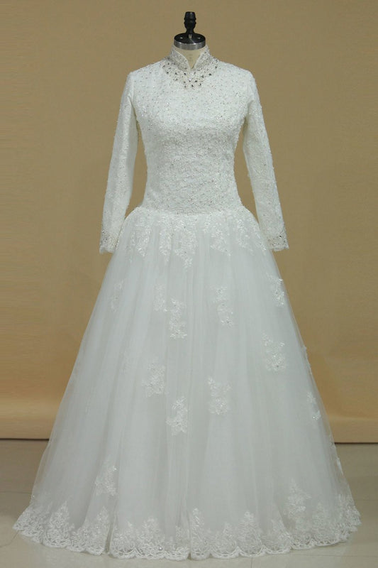 Muslim Wedding Dresses A-Line High-Neck Tulle With Applique & Beading Floor-Length