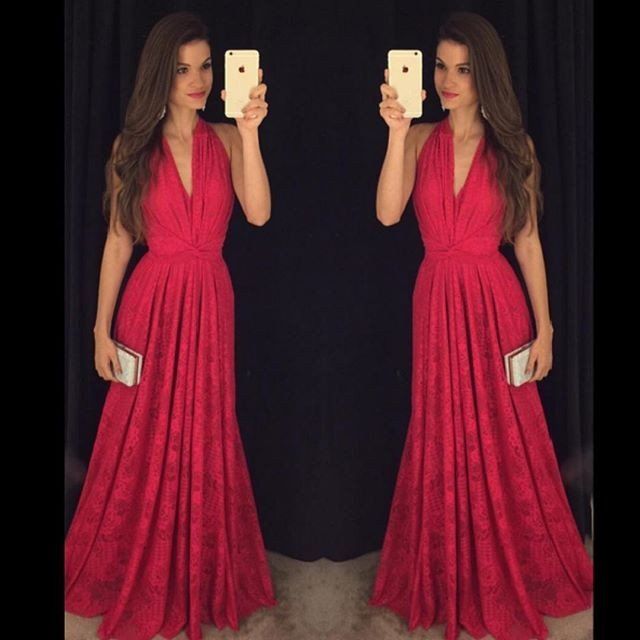 Hot Sexy V-neck Red Prom Dresses/Lace Long Formal Dress WK425