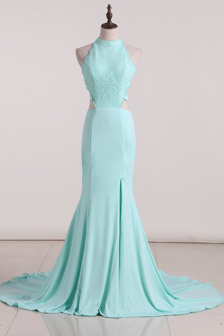 Sexy Open Back Scoop Prom Dresses Spandex With Applique Mermaid