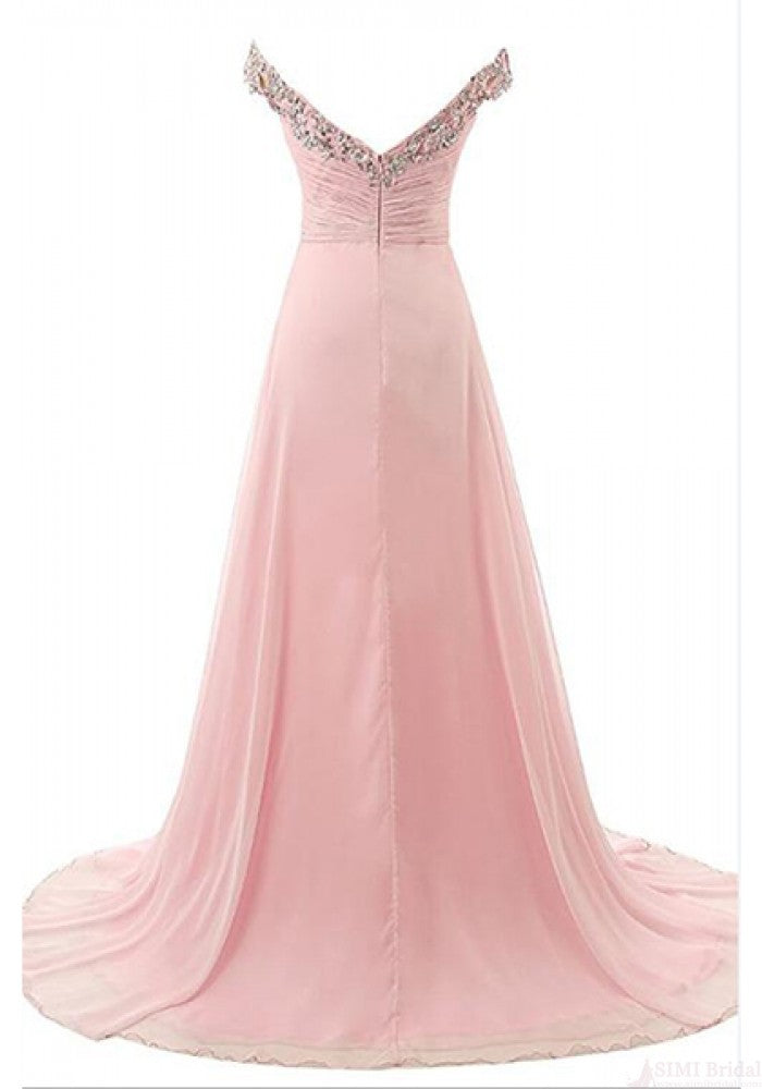 Off Shoulder Beading Bodice Long Chiffon Prom Dresses Evening DRESSESWK556