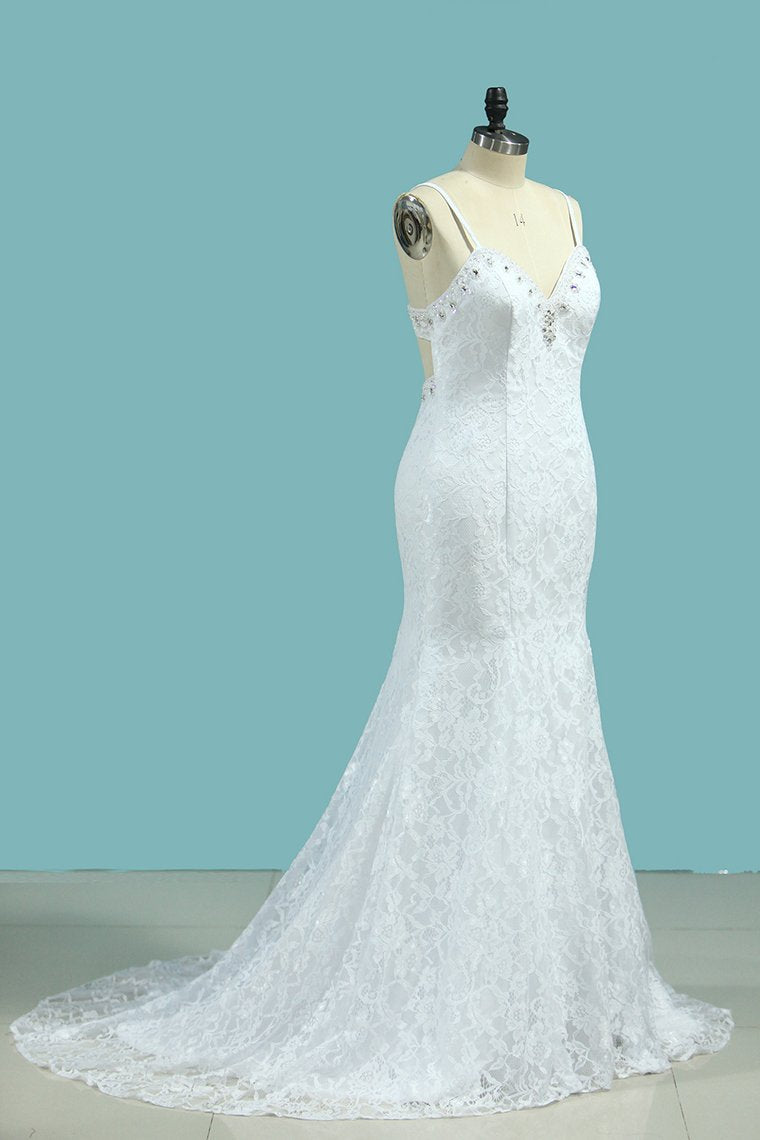 Mermaid Spaghetti Straps Wedding Dresses Open Back Lace With Beading
