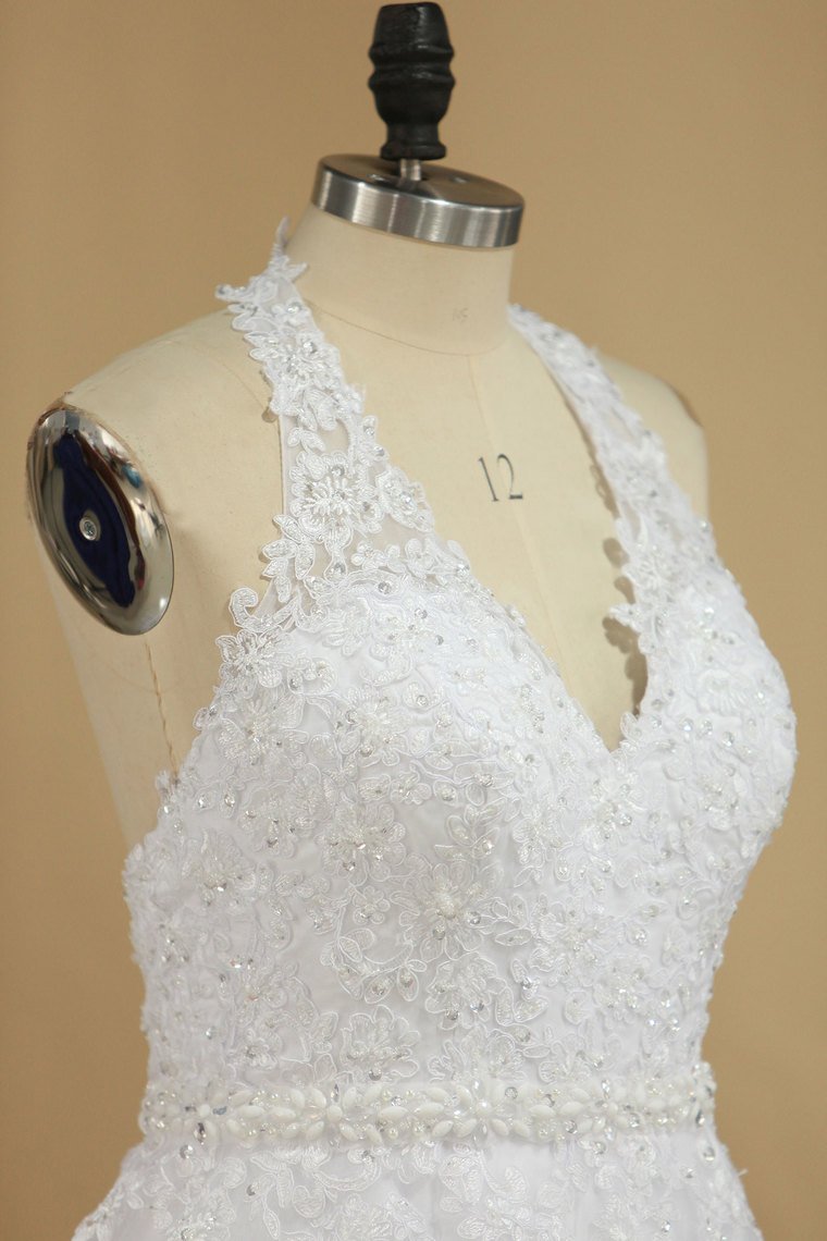 Organza Halter Open Back With Applique Wedding Dresses A Line