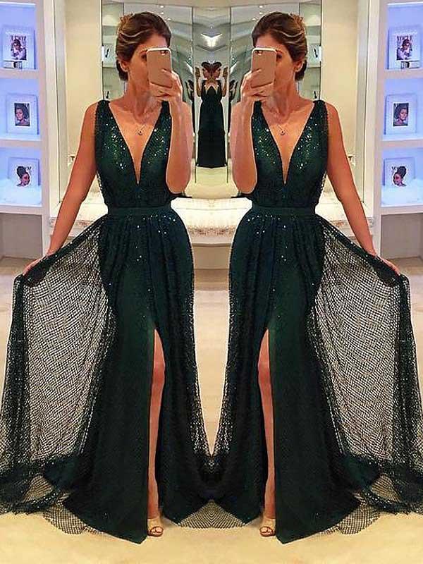 Sheath Deep V-Neck Sweep Train Dark Green Lace Sleeveless Prom Dress with Split Sequins WK697