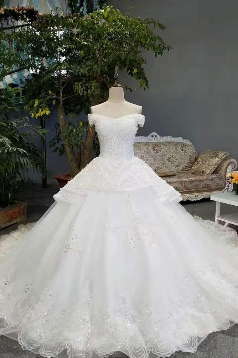 Hot Selling Wedding Dresses Tulle Lace Up With Appliques And Rhinestones Ball Gown