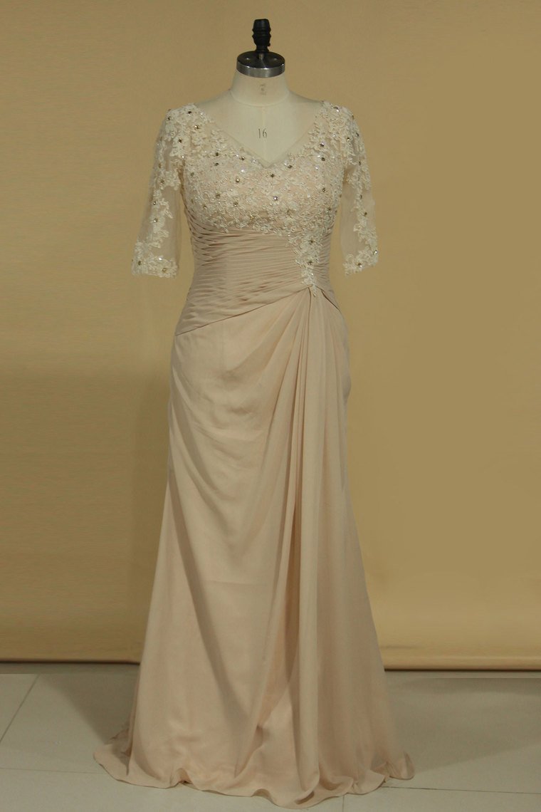 Chiffon V Neck With Applique And Ruffles Sheath Mother Of The Bride Dresses