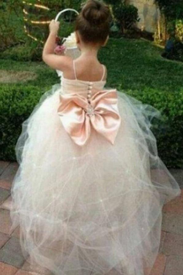 Princess Tulle Beading Spaghetti Straps Bowknot Flower Girl Dresses Lovely Tutu Dress WK777