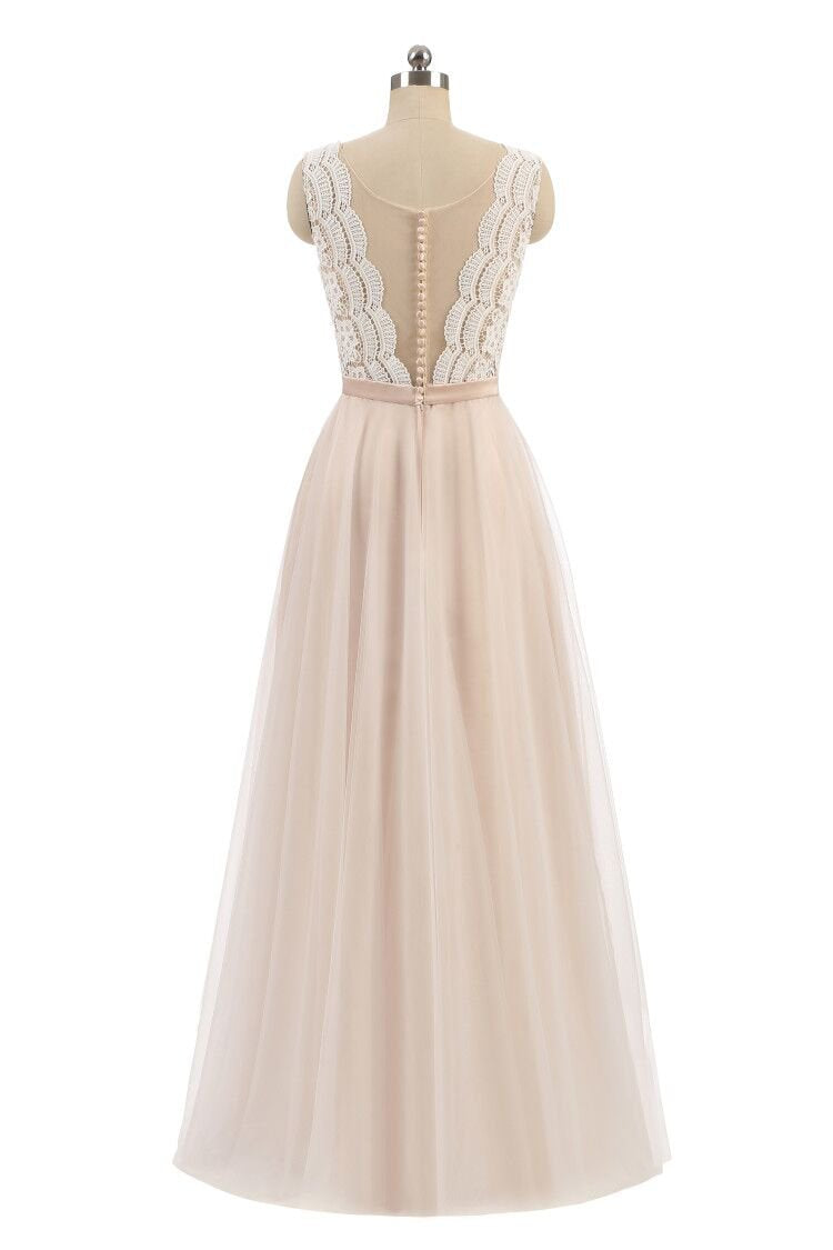 Elegant A Line Pink Tulle Lace High Neck Sleeveless Button Prom Evening Dresses WK598