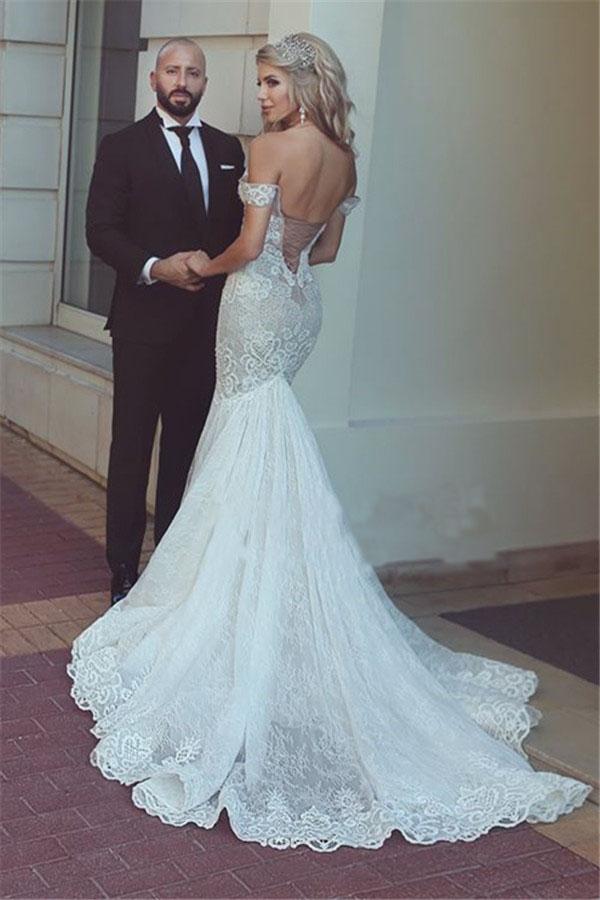Sexy Queen Mermaid Sweetheart Ivory Lace Off-the-Shoulder Open Back Wedding Dresses WK306