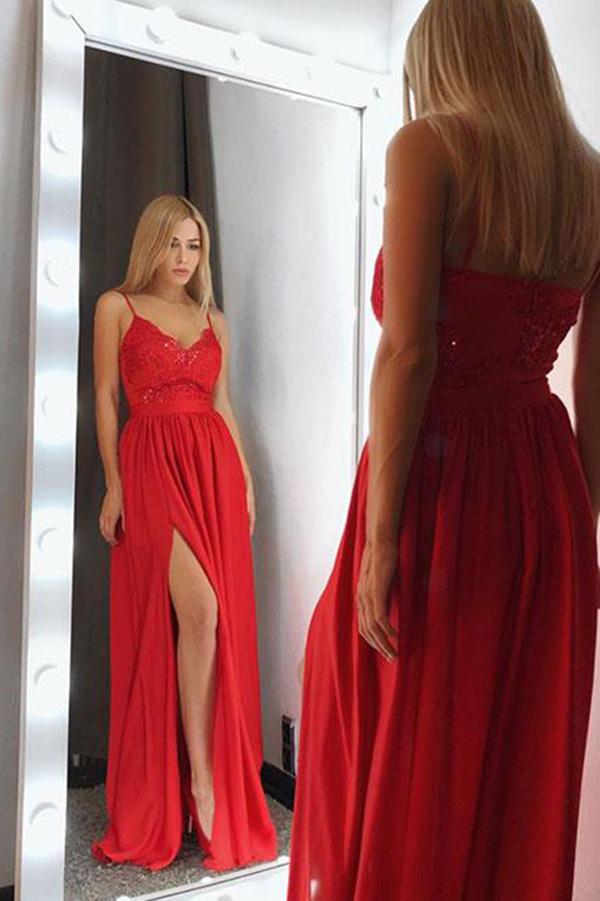 Sexy Red V-Neck Spaghetti Straps Satin Lace Bodice Floor Length Split Prom Dresses WK768