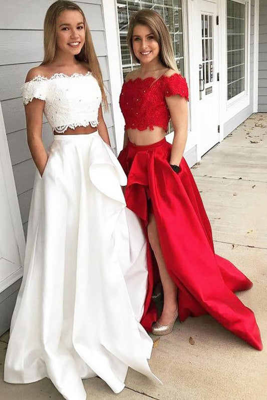 A-Line Princess Off-the-Shoulder Sleeveless Brush Train Lace Satin Two Piece Prom Dresses WK562