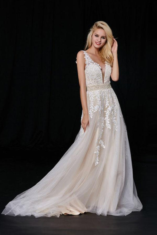 Elegant A-Line Tulle V-Neck V-Back Appliques Beads Ivory Cheap Prom Dresses WK496