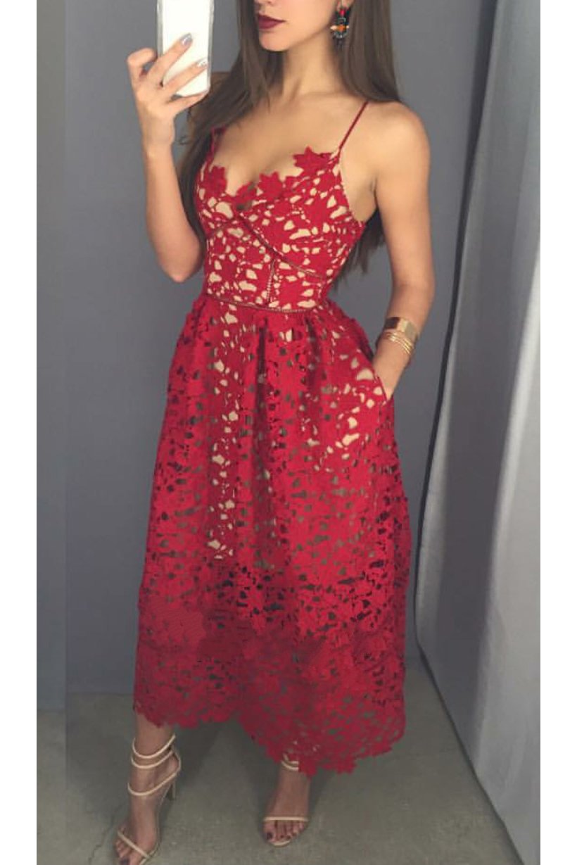 Mid-calf Red Lace Spaghetti Straps with Pockets Sweetheart Homecoming Dresses WK642