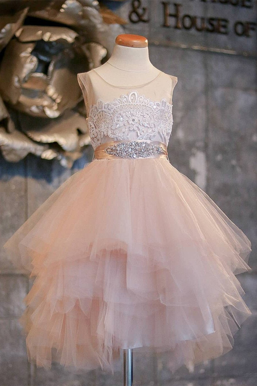 Blush Pink Flower Girl Dresses Cap Sleeve Asymmetric Tulle Lace Top Cute Dress for Kids WK99