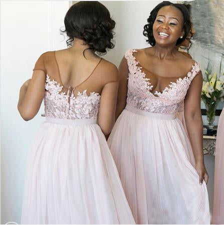 A-Line Pink Princess High Slit Scoop Sleeveless Lace Applique Chiffon Bridesmaid Dresses WK316