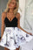 A-Line Black Spaghetti Straps White Floral Polyester V Neck Satin Homecoming Dresses WK705
