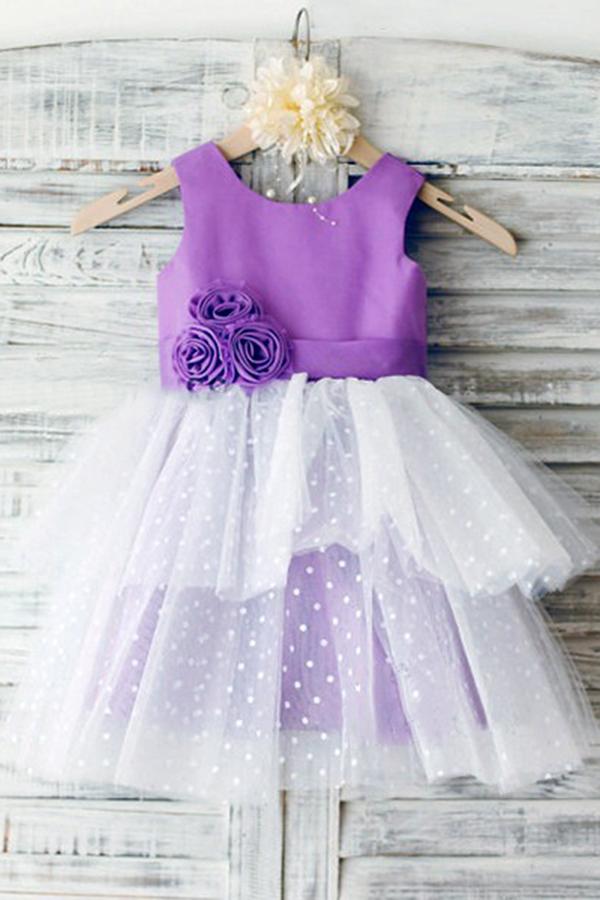 Ball Gown Ivory Scoop Neck Satin Purple Tulle Ankle-length Tiered Child Flower Girl Dresses WK736