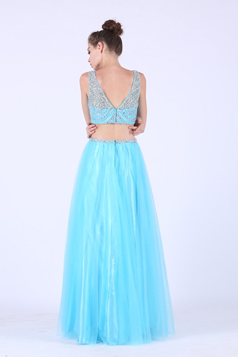 Two-Piece Scoop A Line Prom Dresses With Beading Tulle