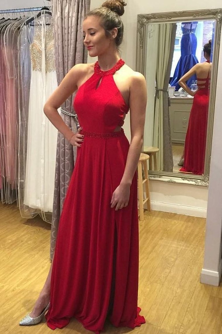 Formal Red Beading Chiffon Open Back Long Flowy Prom Dresses