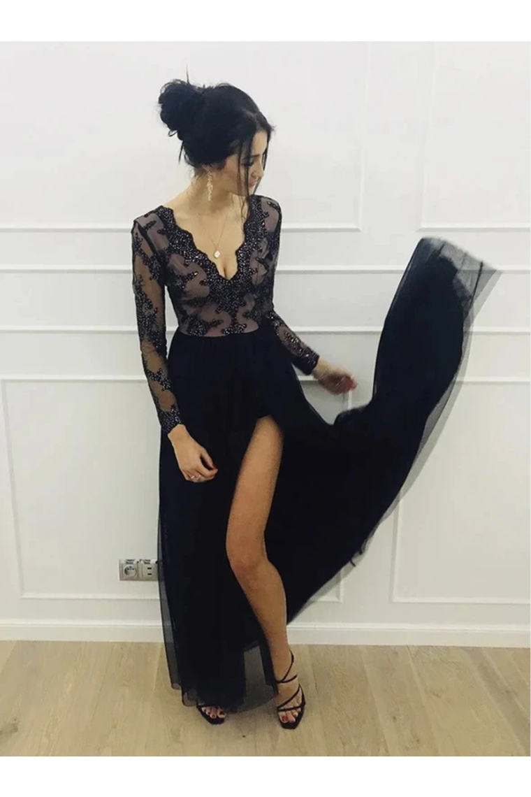 A-Line Long Sleeves Tulle Floor Length Black Prom Dress SWKP4DAY74D
