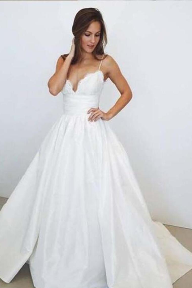 Wedding Dresses A-Line Spaghetti Straps With Lace And Pleated Bodice Satin