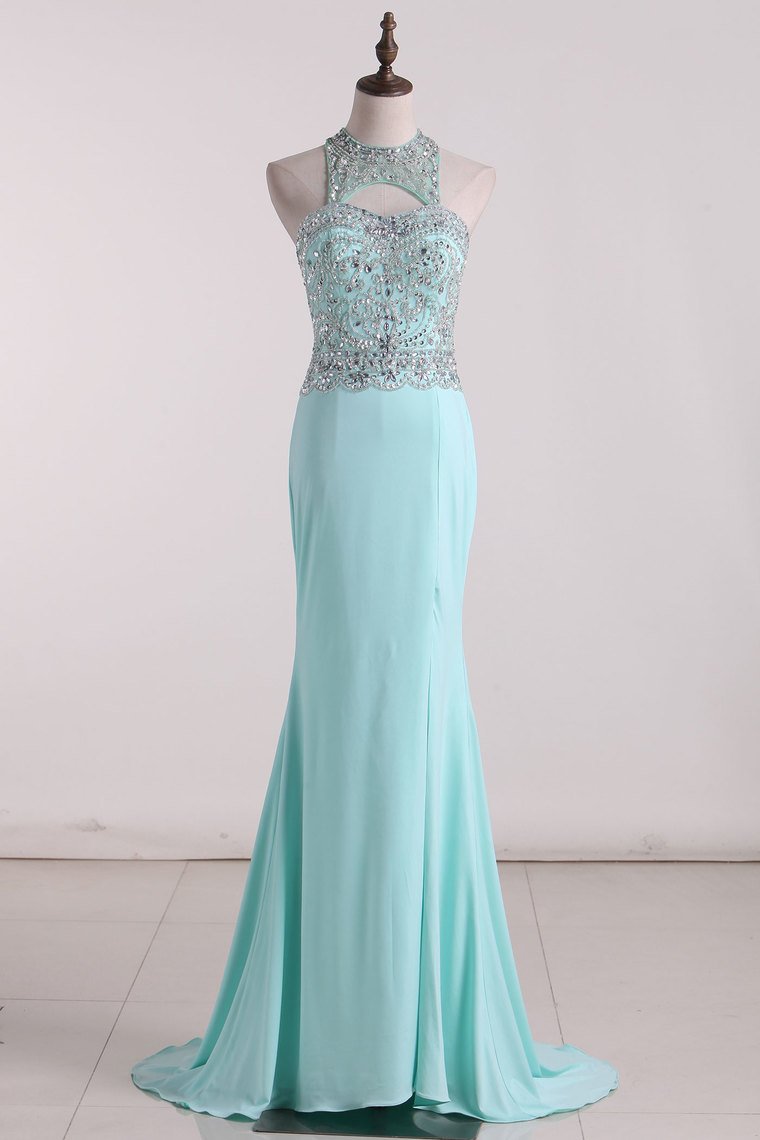 Spandex Scoop Prom Dresses Mermaid With Beading Open Back