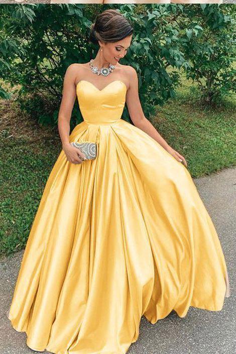 A Line Yellow Satin Prom Dresses, Strapless Sweetheart Sleeveless Party Dresses SWK15046