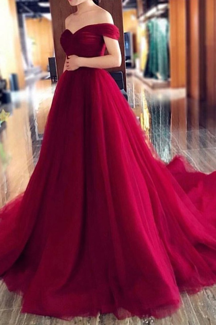 Off The Shoulder Tulle A Line Prom Dresses With Ruffles